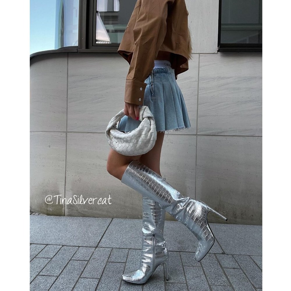 Zara Embossed Square Toe High Heel Knee High Boots Silver NWT